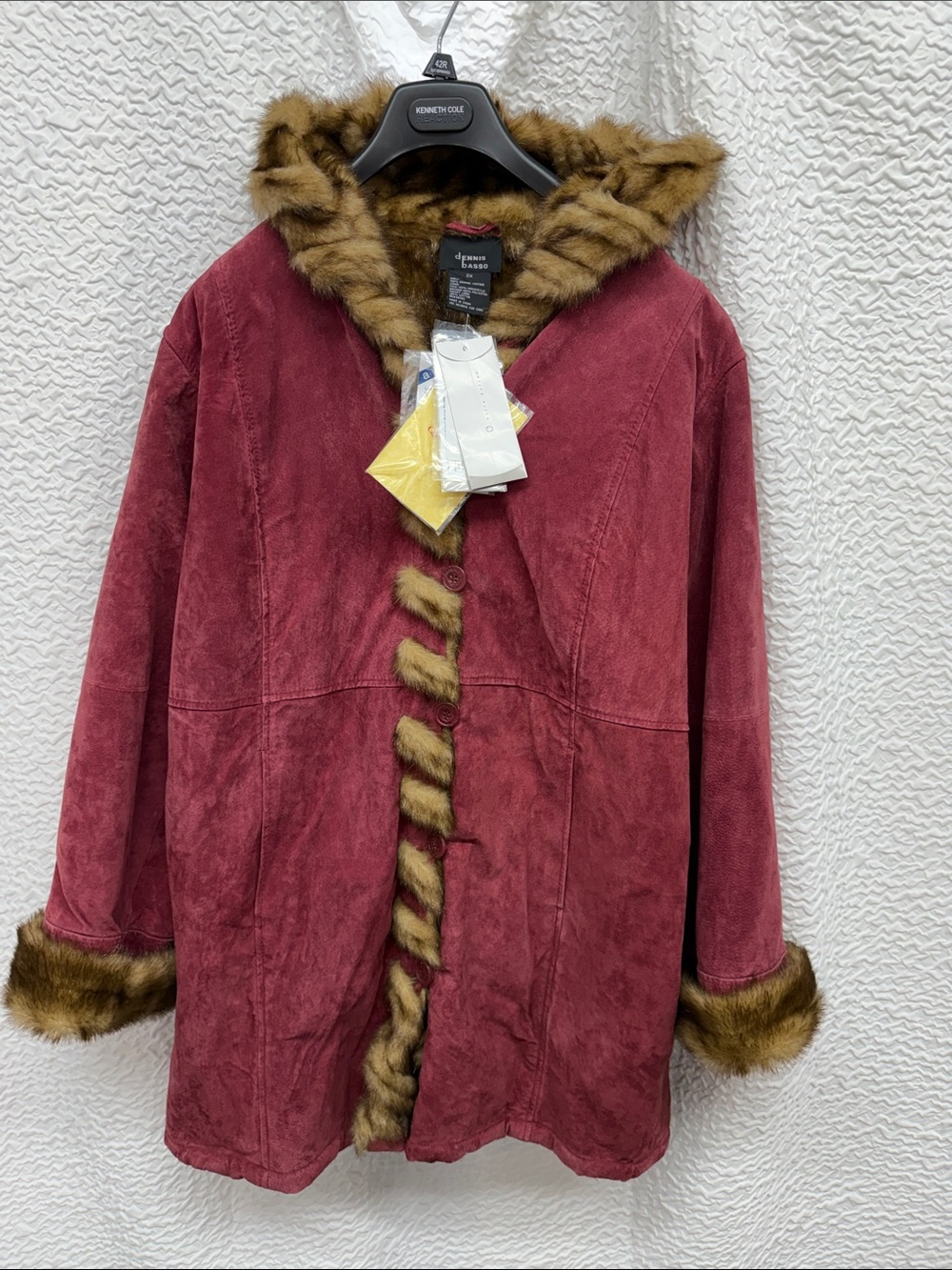 Dennis Basso NWT Raspberry Pink Suede Penny Lane Coat Braided Faux Fur Trim 2X